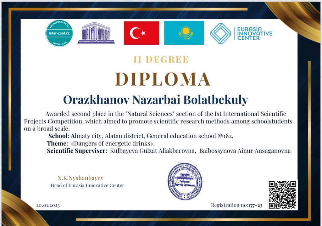 Оқушымыз халықаралық ғылыми жобалар байқауының жеңімпазы атанды