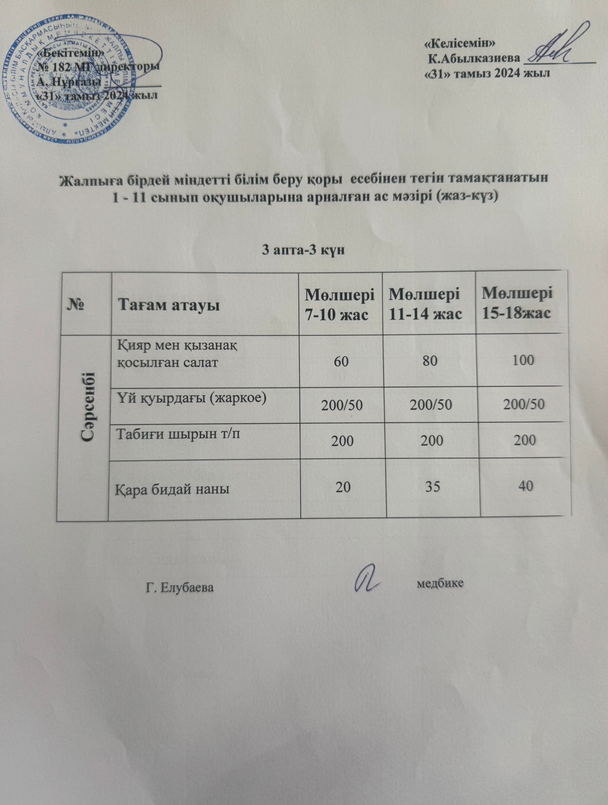 Ас мәзірі 3 апта 3 күн