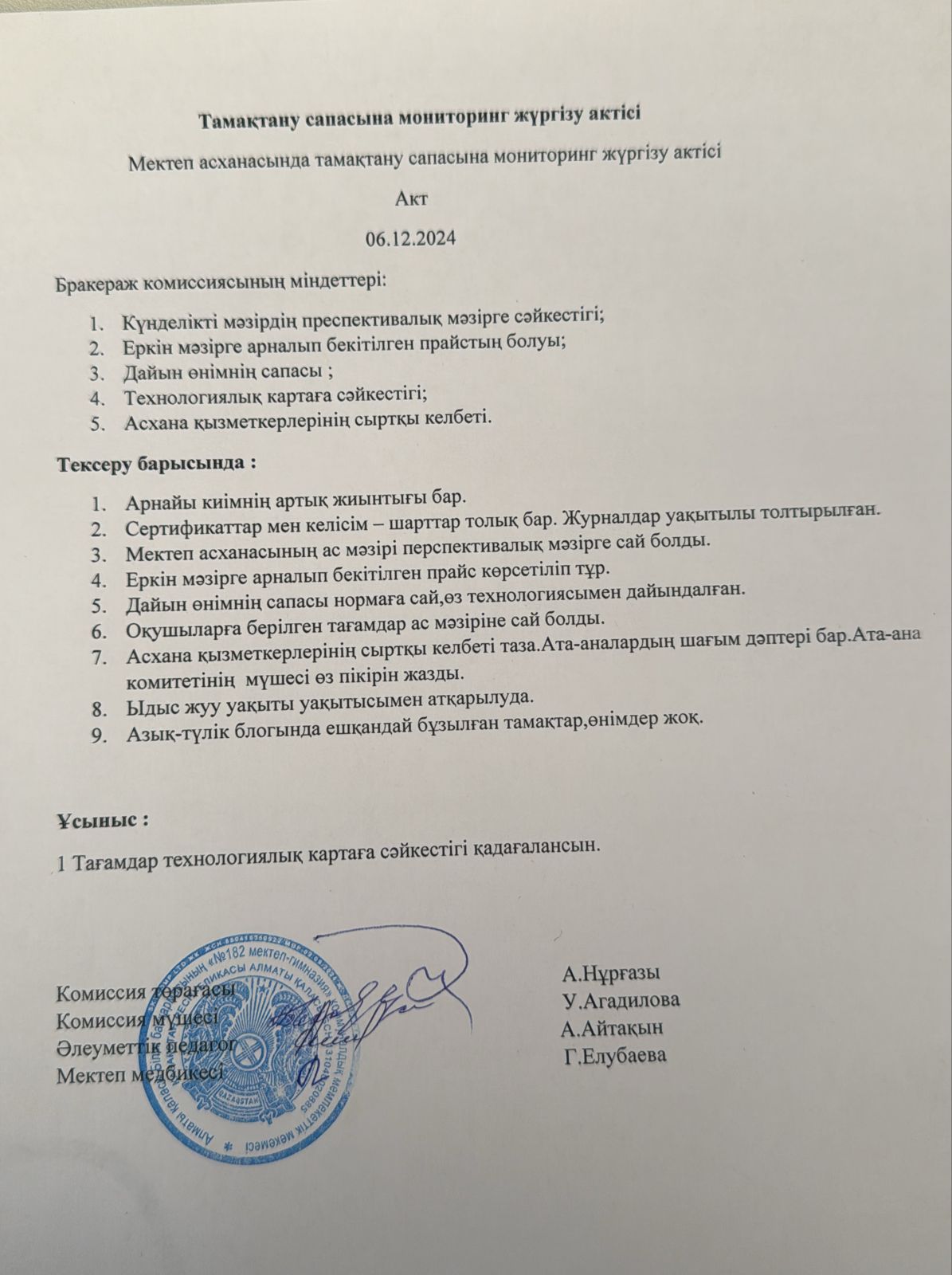 Мектеп асханасында тамақтану сапасына мониторинг жүргізу актісі