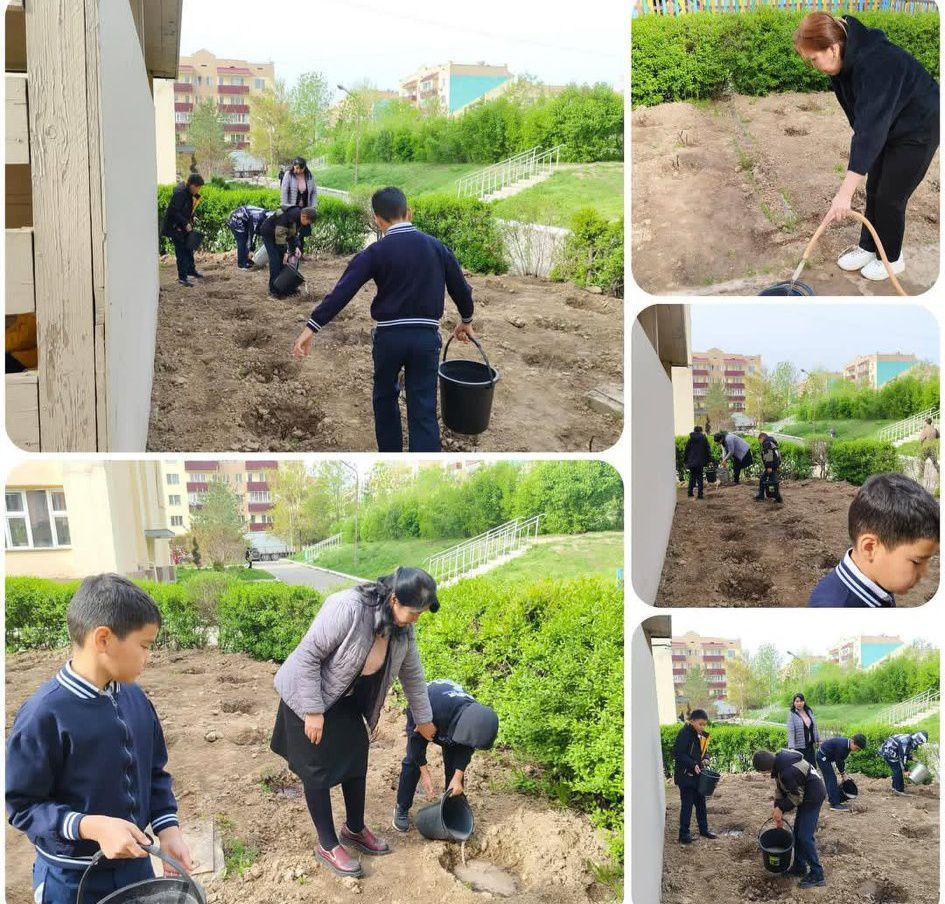 Оқушылар мектеп ауласындағы гүл, ағаштарға су құйып, күтім жасады