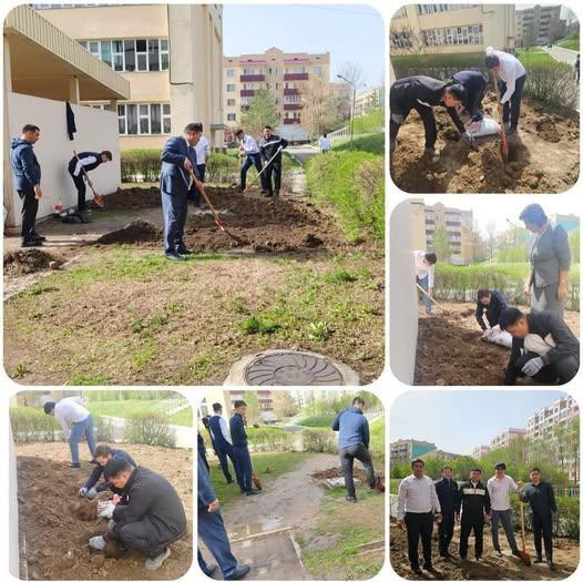 «Еңбек айлығы» барысында мектеп ауласы құлпырып, сан түрлі гүлдер отырғызылды