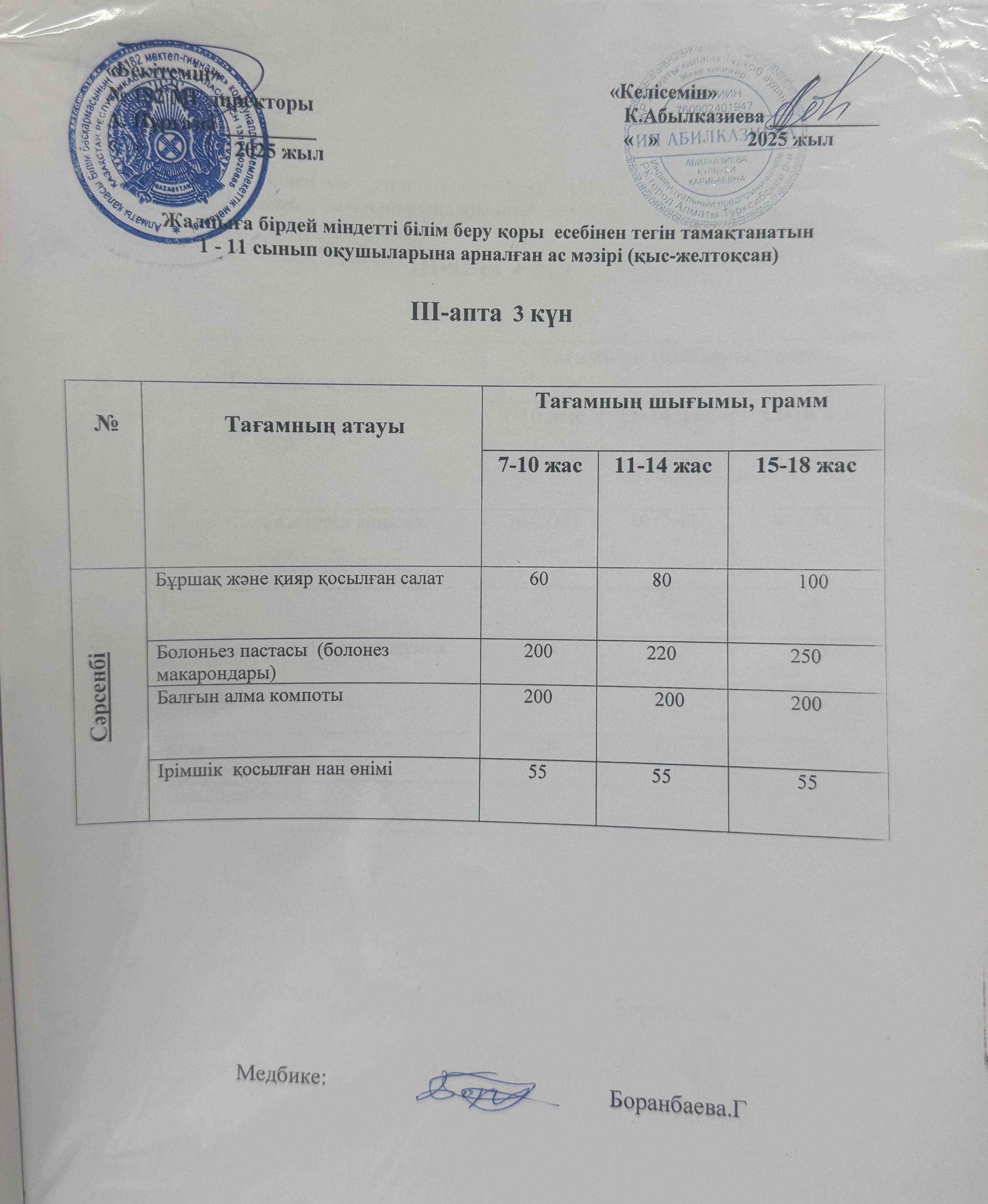 Ас мәзірі 3 апта 3 күн