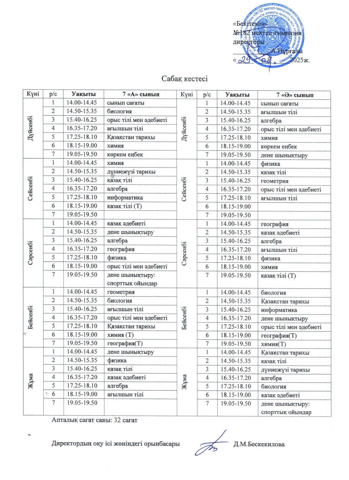 7-сынып сабақ кестесі