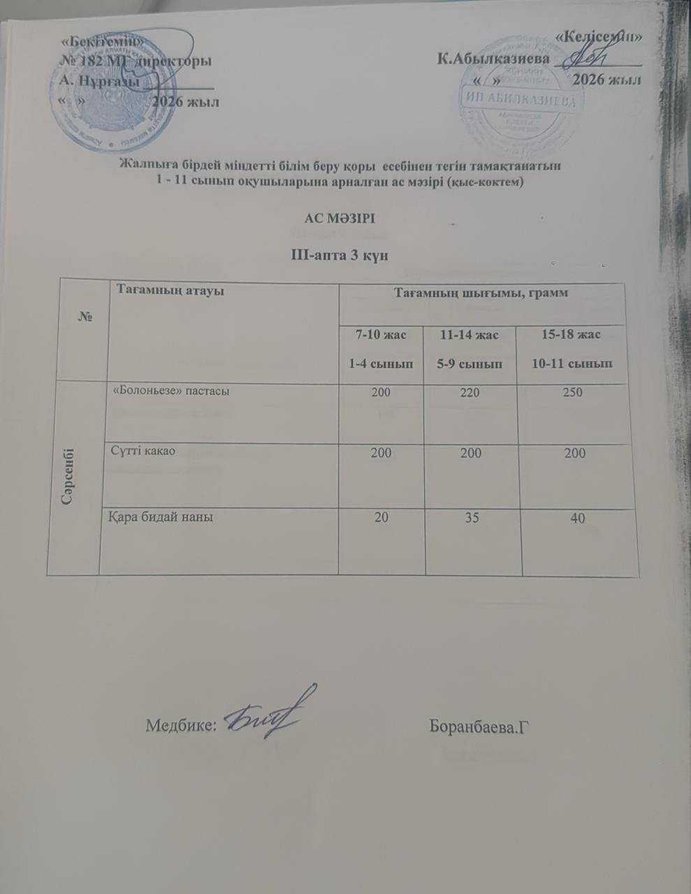 Ас мәзірі 3 апта 3 күн