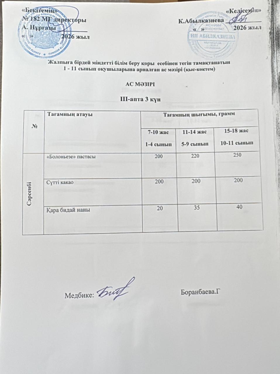 Ас мәзірі 3 апта 3 күн