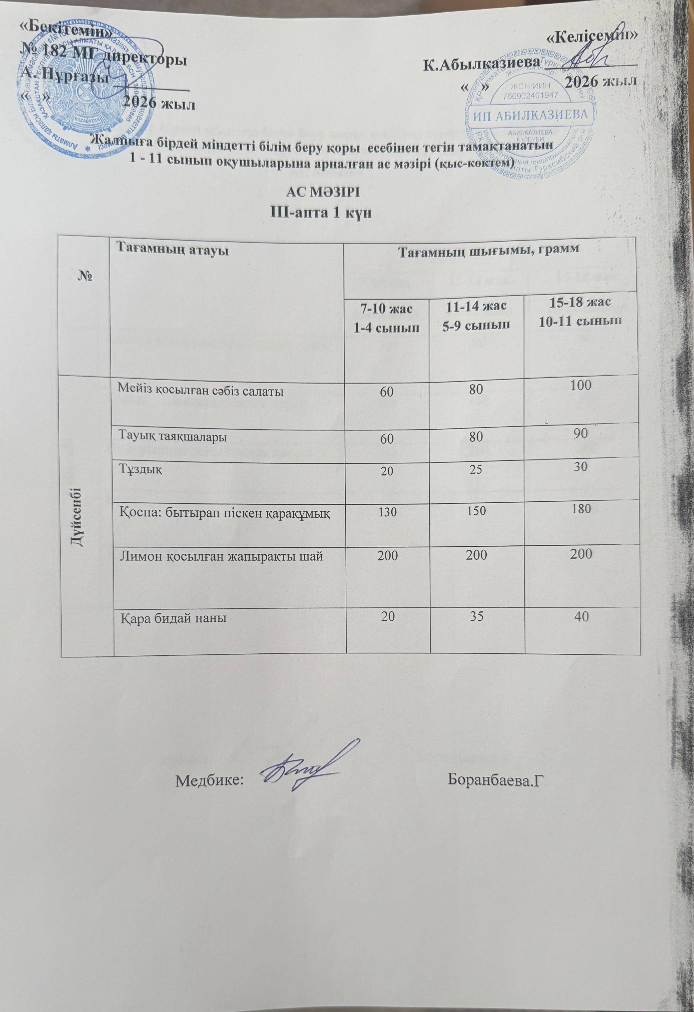 Ас мәзірі 3 апта 1 күн